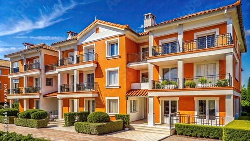 Mehrfamilienhaus with white and orange Mediterranean facade, ideal for real estate photo
