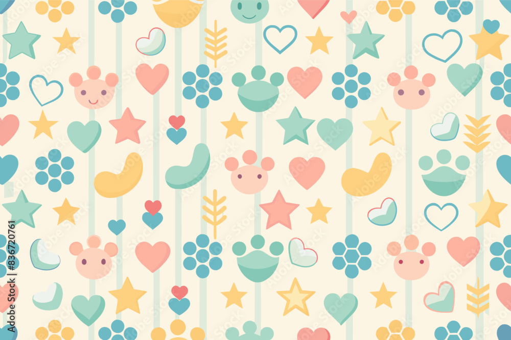 a pattern of hearts and stars, A seamless baby shower pattern with baby footprints, hearts, and stars arranged in a geometric grid on a light background a pattern of hearts and stars, A seamless baby shower pattern with baby footprints, hearts, and stars arranged in a geometric grid on a light background
