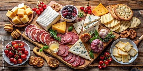 An elegant spread of assorted cheeses, cured meats, and crackers on a wooden board with fruits and condiments photo