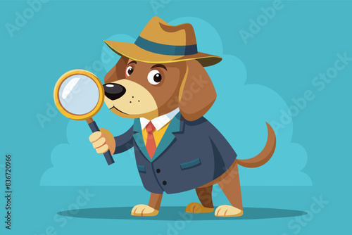 a dog in a suit and hat holding a magnifying glass, A proud dog wearing a detective hat and magnifying glass, sniffing out clues