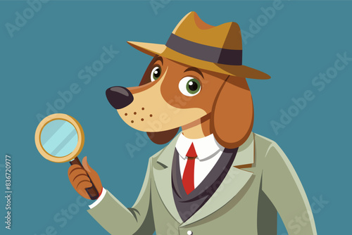 a dog in a suit and hat holding a magnifying glass, A proud dog wearing a detective hat and magnifying glass, sniffing out clues