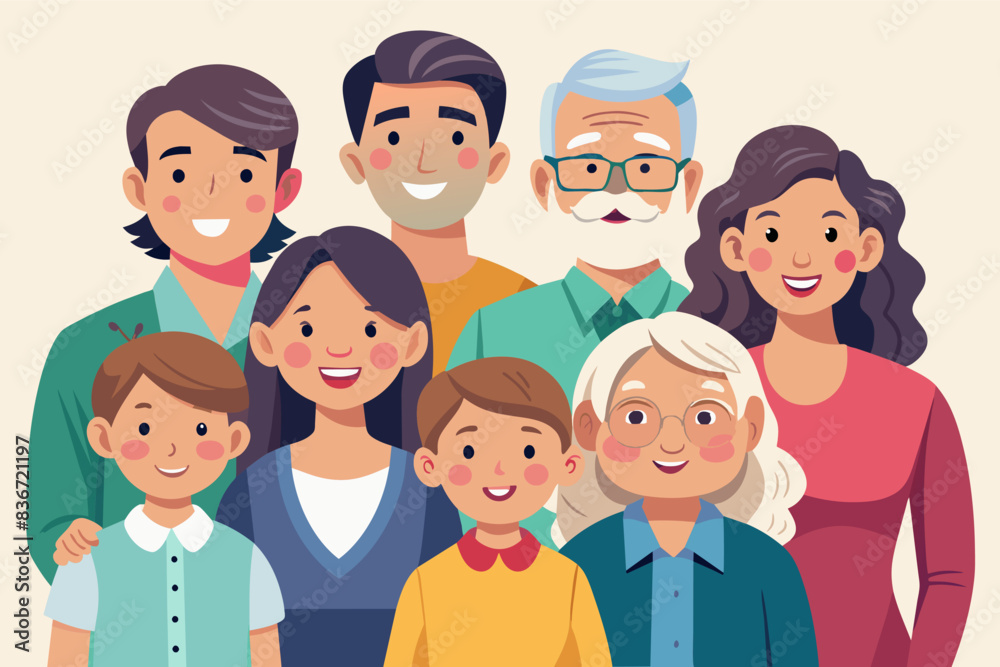 a family portrait with the words, family portrait, A multi-generational family portrait with grandparents, parents, and children smiling together a family portrait with the words, family portrait, A multi-generational family portrait with grandparents, parents, and children smiling together