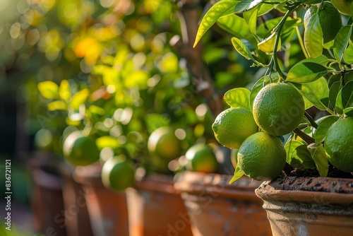 Close-up view of freshly harvested limes growing in rustic terracotta pots against a backdrop of lush,vibrant greenery in an outdoor garden or orchard setting. photo