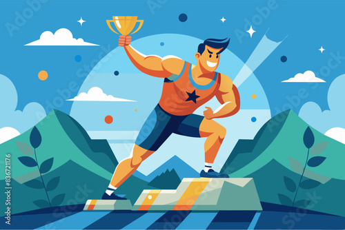a man holding a trophy in his hand, A motivational vector illustration of an athlete overcoming a challenge and achieving their goal