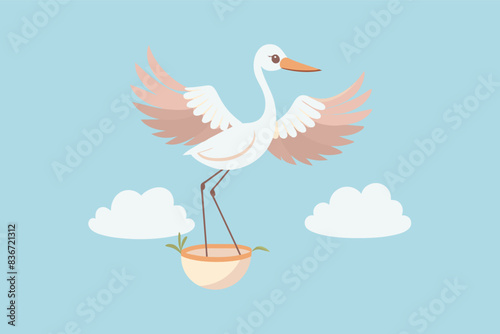 a crane is flying over a bowl of food, A minimalist baby shower scene with a single stork carrying a bundle wrapped in soft pastels against a light blue sky