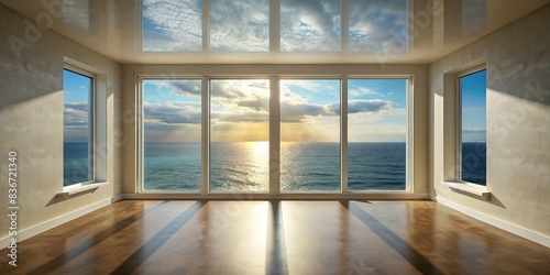 Empty room with a window revealing a sunlit sea photo © tammanoon