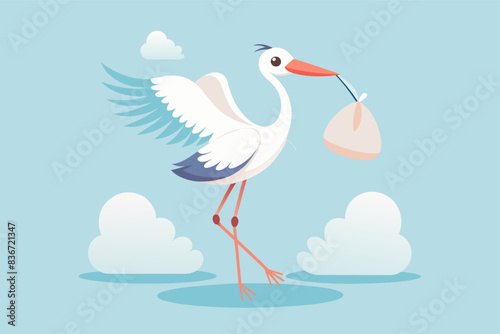 a crane is flying over a bowl of food, A minimalist baby shower scene with a single stork carrying a bundle wrapped in soft pastels against a light blue sky