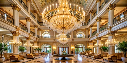 Grand hotel lobby with a majestic chandelier hanging from the ceiling photo
