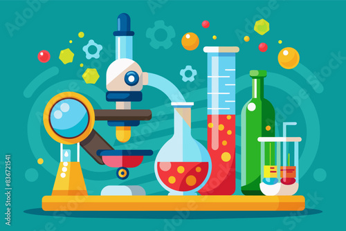 a microscope and some laboratory equipment, A microscope and a science experiment with bubbling beakers and test tubes