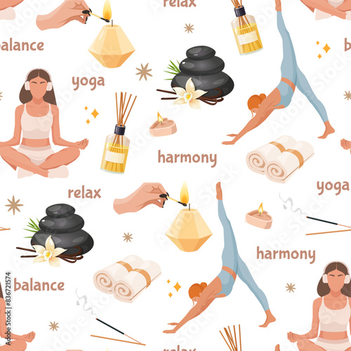 Vector seamless pattern with yoga elements includes practising girls in different asanas, candles, aroma sticks and different accessories.
