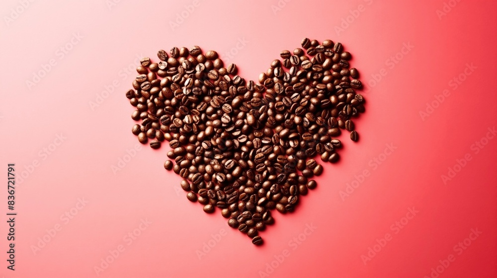 Coffee beans arranged in the shape of a heart on a pink background, symbolizing love for coffee.