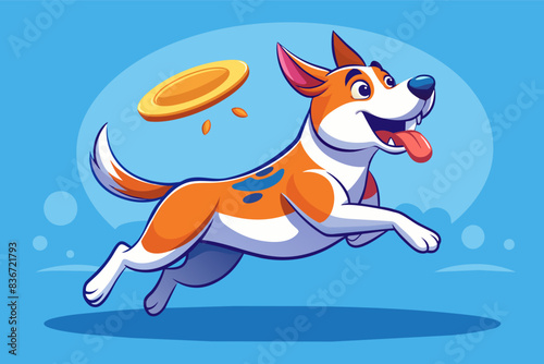 a dog catching a frisbee in the air, A happy dog with its tongue lolling out, catching a frisbee in mid-air