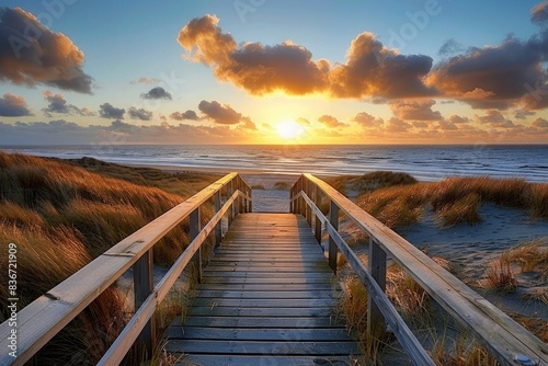 Wooden boardwalk leading to the sea  sunrise over Sylt island in Germany