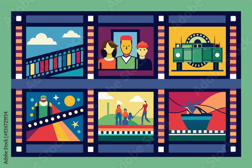 a film strip with people in different scenes, A filmstrip frame with individual frames depicting a sequence of events