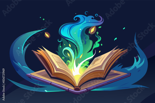 an open book with a glowing flame coming out of it, A glowing book with a magical aura, emanating sparks and swirling energy from its open pages