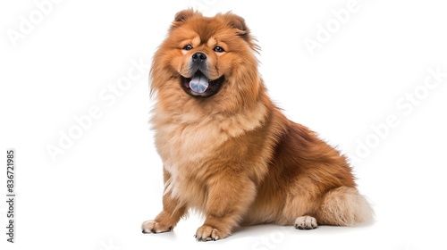 Chow Chow with its fluffy mane and distinctive blue-black tongue, sitting regally, white background