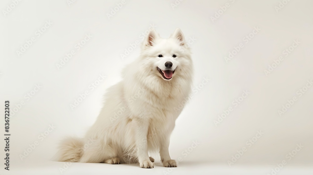 Fototapeta premium Samoyed with its fluffy white fur and smiling face, sitting happily, white background