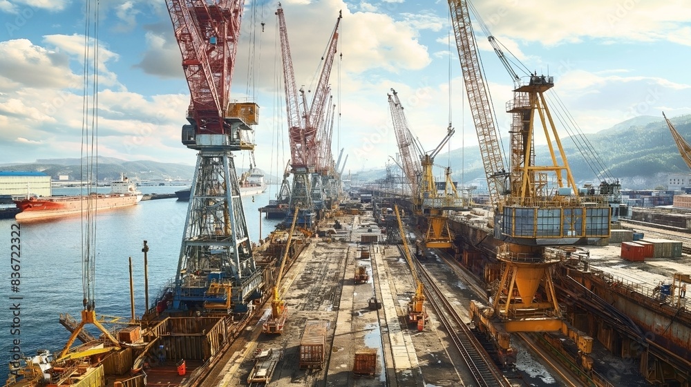 Industrial port with large cranes, docked cargo ships, and various containers on a clear day with mountainous background. Industrial port with large cranes, docked cargo ships, and various containers on a clear day with mountainous background.