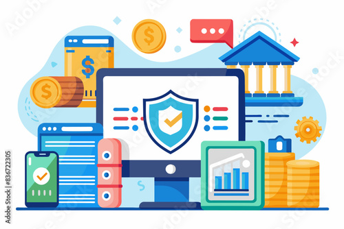 a laptop with a shield on it surrounded by money and other items, A detailed vector artwork of a secure online banking system with user verification and encryption processes