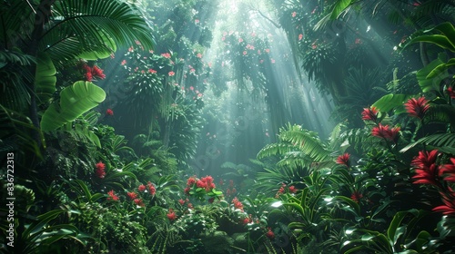 lush green jungle foliage with red flowers and bright sun rays shining through the canopy