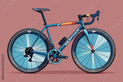 a bicycle with a blue frame and a red seat, A detailed illustration of a high-performance racing bicycle with a lightweight frame and aerodynamic design