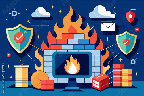 a fire place with a bunch of different items surrounding it, A conceptual vector artwork depicting a firewall blocking cyberattacks on a network