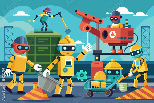 a group of robots working on a machine, A conceptual illustration of robots performing dangerous tasks, ensuring worker safety