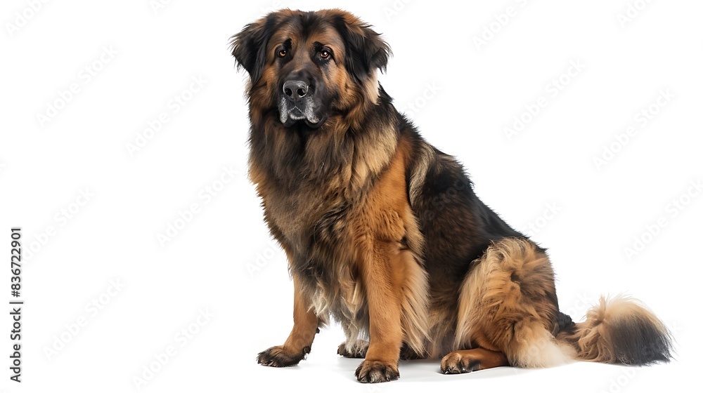 Leonberger with its massive size and gentle expression, sitting calmly, white background