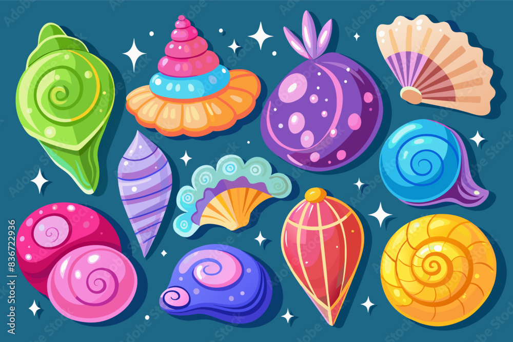 a colorful sea life pattern with shells and seashells, A collection of sparkling seashells in vibrant colors and unique shapes, some spiraled, some fluted, and some perfectly smooth a colorful sea life pattern with shells and seashells, A collection of sparkling seashells in vibrant colors and unique shapes, some spiraled, some fluted, and some perfectly smooth