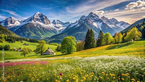 Idyllic alpine landscape with blooming meadows in springtime