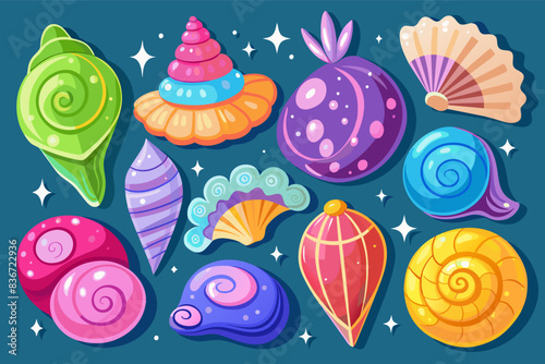 a colorful sea life pattern with shells and seashells, A collection of sparkling seashells in vibrant colors and unique shapes, some spiraled, some fluted, and some perfectly smooth