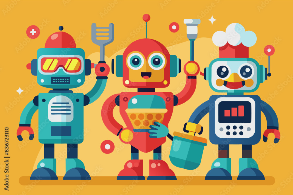 three robots are standing next to each other, A collection of flags from different countries displayed in a circle, highlighting global unity three robots are standing next to each other, A collection of flags from different countries displayed in a circle, highlighting global unity