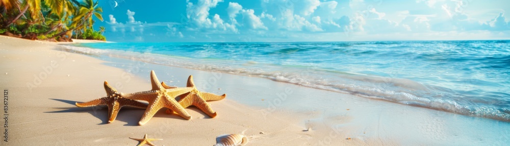 Seashells on Sunny Beach with Turquoise Water Seashells on Sunny Beach with Turquoise Water