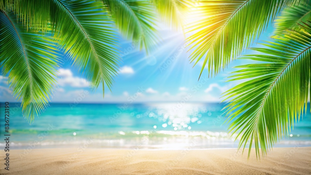 Defocused beach background with palm leaves in corners for product or copy space