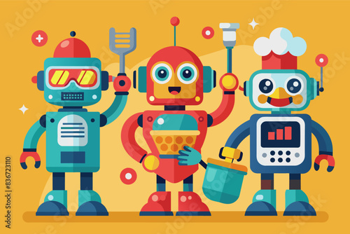 three robots are standing next to each other, A collection of flags from different countries displayed in a circle, highlighting global unity