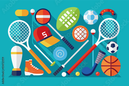 a robot with many different types of electronics, A collection of flat design icons depicting different types of sports equipment tennis racket, hockey stick, golf club