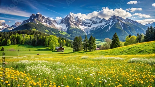 Idyllic alpine landscape with blooming meadows in springtime