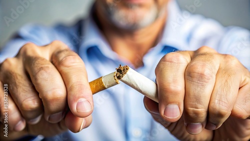 Close up of male hand crushing cigarette, symbolizing quitting smoking and healthy lifestyle photo