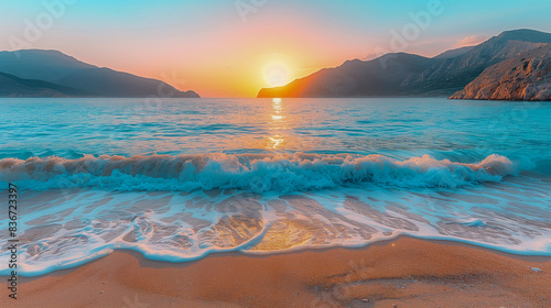 Waves crashing on the beach at sunset
 photo