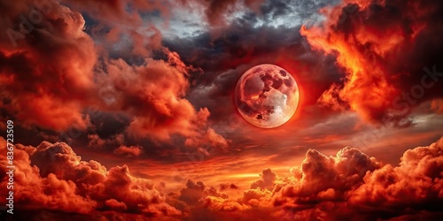 Devilish red sky with dark clouds and a blood moon, creating a sense of terror and evil