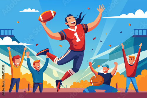 a man in a football uniform is running with a ball, A celebratory scene with a football player jumping in the air, holding the football triumphantly after a touchdown