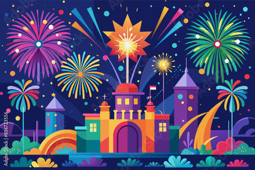 a colorful fireworks and presents in the night sky, A celebratory scene with fireworks exploding in a variety of colors for a festive occasion