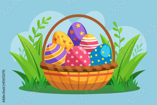 a basket filled with easter eggs on a grass, A basket overflowing with colorful eggs and Easter grass for Easter