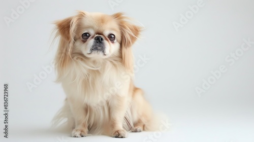 Japanese Chin with its silky coat and round eyes, sitting elegantly, white background