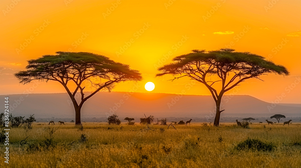 Sunset on the African Savannah with Acacia trees silhouetted
Sunset on the African Savannah with Acacia trees silhouetted