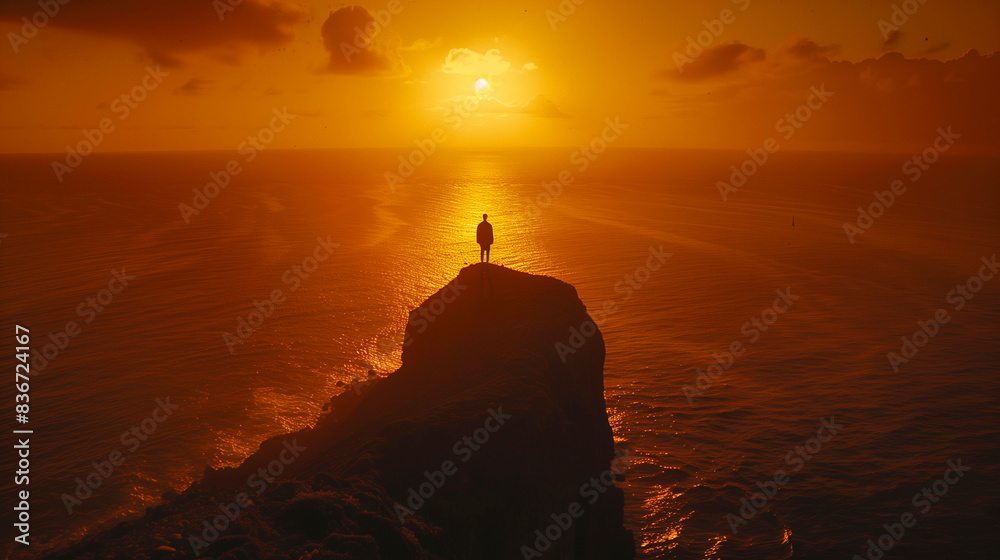 Finding tranquility, a silhouetted man watching the sunset from the cliff tops
