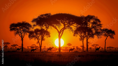 Sunset on the African Savannah with Acacia trees silhouetted 