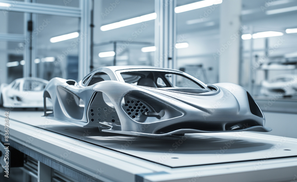 3D printed automotive part, such as a high-performance engine component. The image highlights the detailed structures and material consistency achieved through advanced 3D printing techniques.