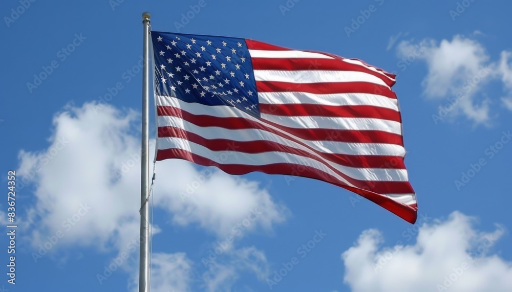 Flag of United States of America being waved in the breeze against a sky. USA flag Flag of United States of America being waved in the breeze against a sky. USA flag