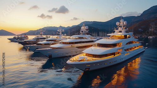 Luxury yachts in a Mediterranean port at sunset 